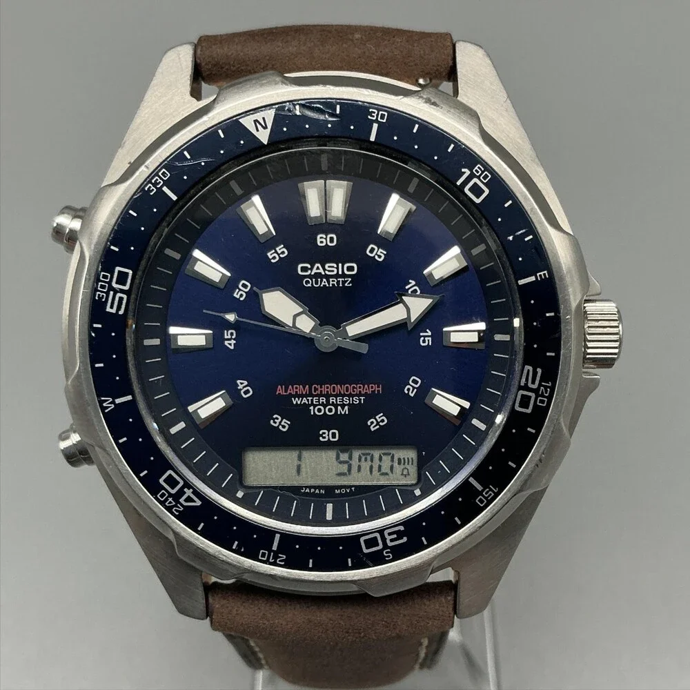 Casio 2701 AMW-320R Men Watch 44mm Blue Dial Leather Ana-Digi Alarm New Battery